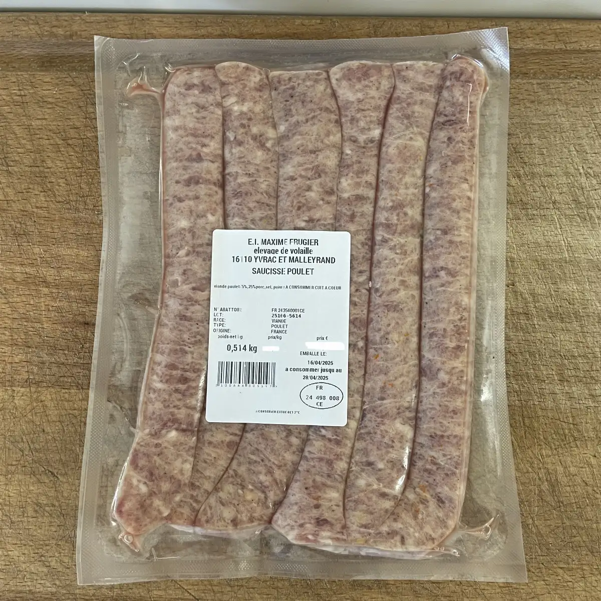 Saucisse de poulet nature 500g